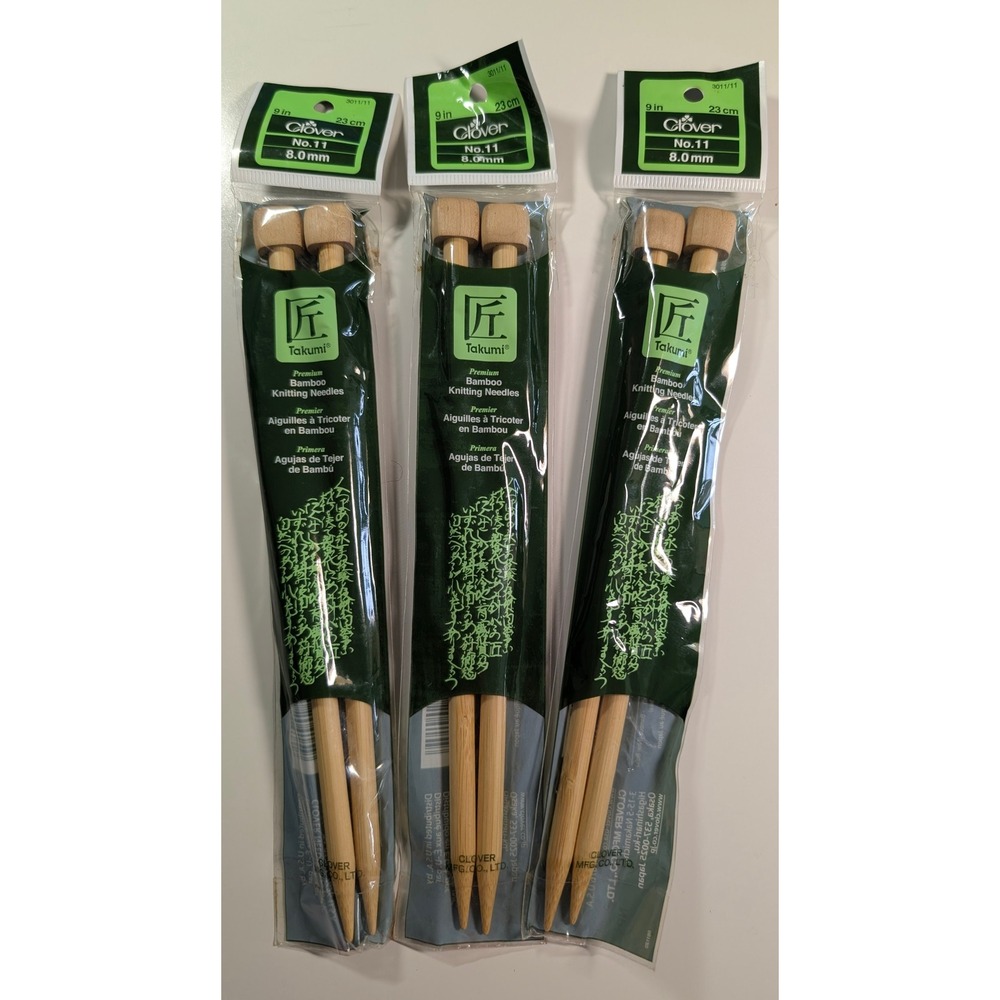 Clover Takumi Bamboo Knitting Needles No 11 8.0mm 9 Inch 23cm Lot of 3 3011/11